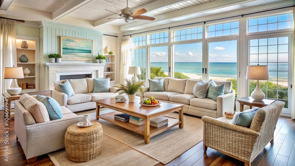 Naklejka premium Coastal living room with beach-inspired decor and light colors