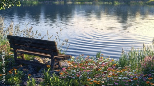 Fototapeta Naklejka Na Ścianę i Meble -  A quiet lakeside scene with a rustic wooden bench by the shore, surrounded by reeds and wildflowers, with gentle ripples on the lake reflecting the early morning light.