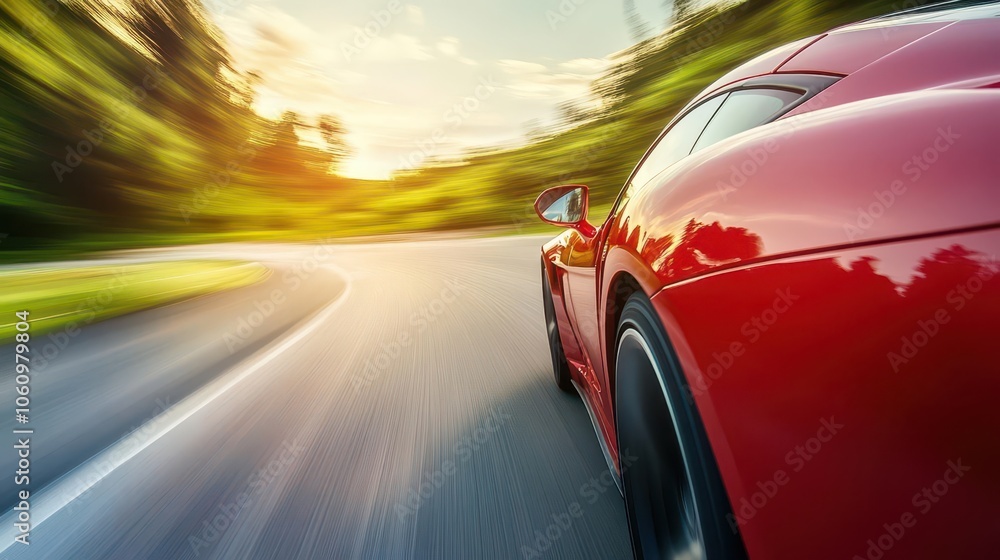 sportscar speeding down a winding road, motion blur enhancing the sense of speed, vibrant red paint glistening in the sunlight, sharp curves of the car contrasted against a blurred green landscape sportscar speeding down a winding road, motion blur enhancing the sense of speed, vibrant red paint glistening in the sunlight, sharp curves of the car contrasted against a blurred green landscape