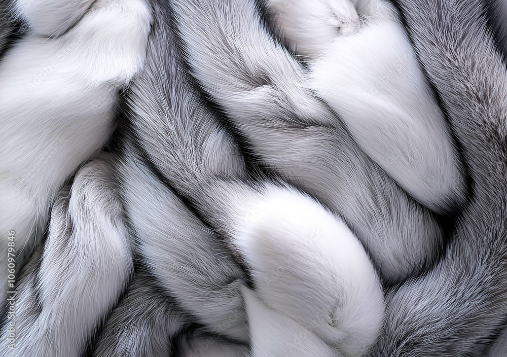 Chinchillas or fox fur. Detailed close-up of a fluffy pile of white and gray fur, highlighting the softness and intricate patterns of the fur. Chinchillas or fox fur. Detailed close-up of a fluffy pile of white and gray fur, highlighting the softness and intricate patterns of the fur.