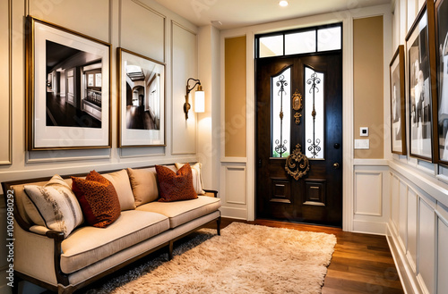 Farmhouse, classic, french country interior design of modern home hall, entryway with door. Cozy beige sofa with textured pillows, set against paneling walls with modern decor and wall art