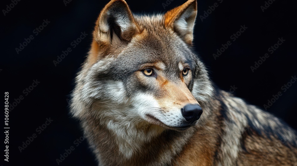Obraz premium striking close-up portrait of an adult wolf against a deep black background, capturing the essence of its wild spirit and fierce beauty