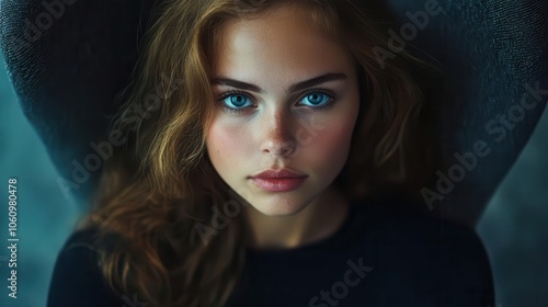 Wallpaper Mural striking portrait of a woman with captivating blue eyes, seated gracefully in a modern chair, emphasizing her expression and the interplay of light and shadow creating a dramatic ambiance Torontodigital.ca