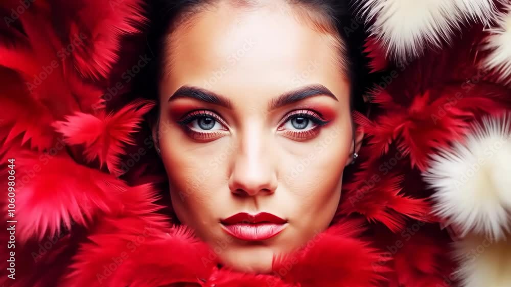 Vibrant portrait of woman surrounded by red and white feathers Vibrant portrait of woman surrounded by red and white feathers