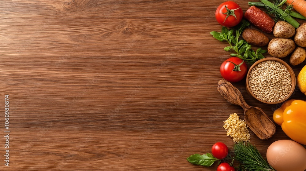 Variety of Fresh Vegetables and Whole Grains on Rustic Wooden Background, Mediterranean Diet Ingredients with Copy Space, Organic Produce Layout, Healthy Eating Concept
Variety of Fresh Vegetables and Whole Grains on Rustic Wooden Background, Mediterranean Diet Ingredients with Copy Space, Organic Produce Layout, Healthy Eating Concept
