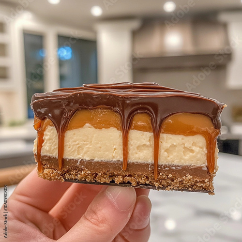 Indulgent No-Bake Twix Cheesecake Slice in Hand photo