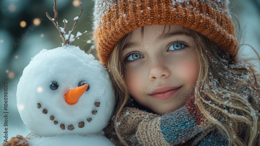 A young girl with blue eyes smiles while standing next to a snowman she built. A young girl with blue eyes smiles while standing next to a snowman she built.