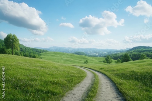 Scenic Green Landscape with Soft Clouds and Pathway