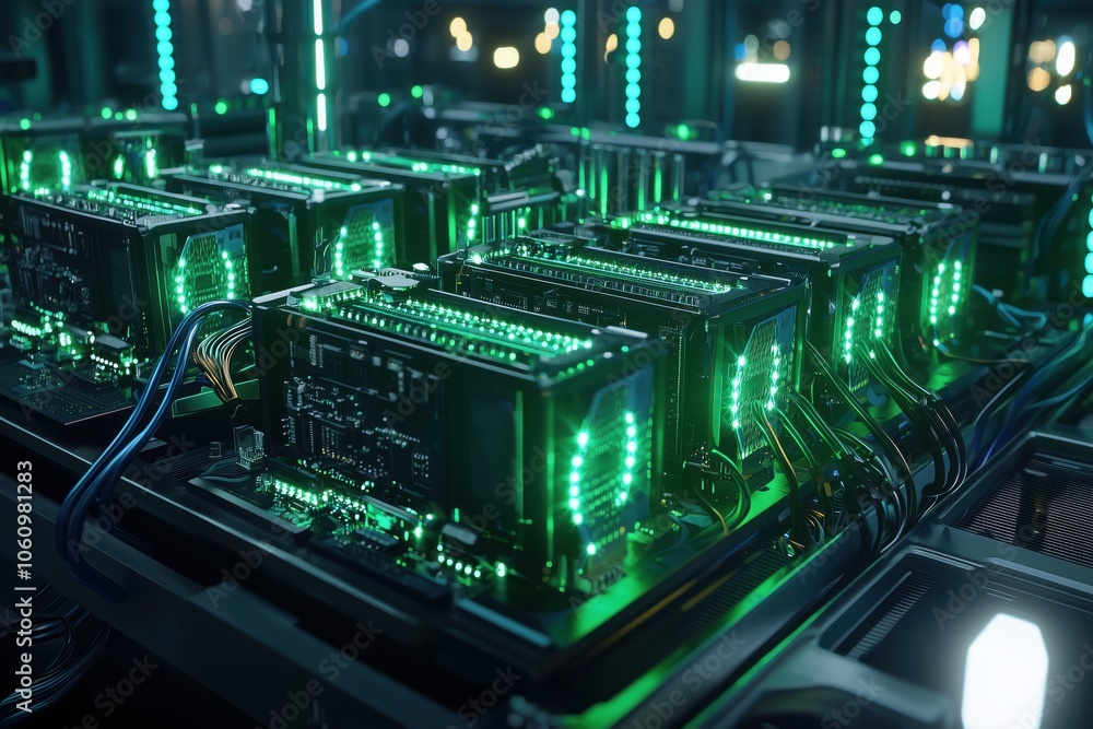 Fototapeta premium Advanced computer servers with green lights in a high-tech data center during evening hours