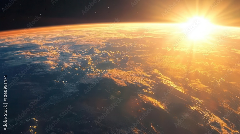 Fototapeta premium stunning view of sunrise over earth, showcasing the breathtaking beauty of space as the warm colors of dawn illuminate the planet, symbolizing new beginnings and exploration