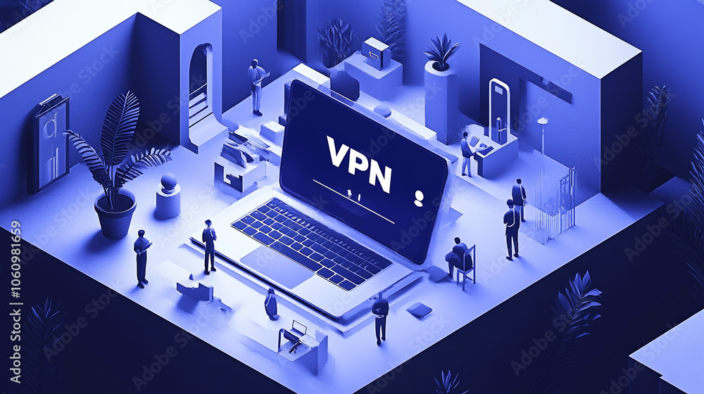 Laptop with VPN Display in Modern Office Setting Laptop with VPN Display in Modern Office Setting