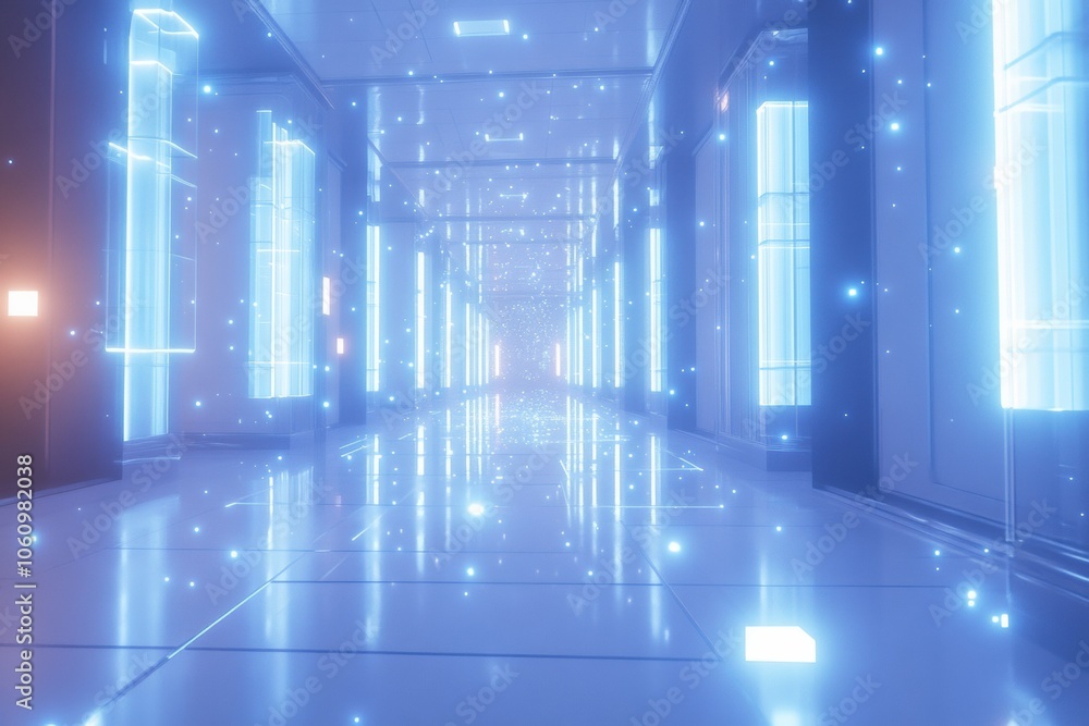 Illuminated digital hallway with neon blue lights Illuminated digital hallway with neon blue lights
