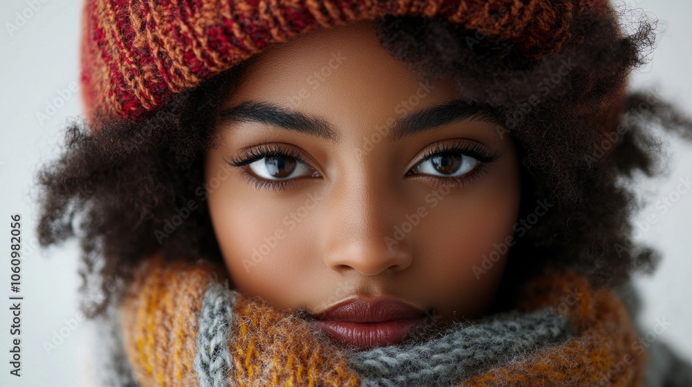 A woman with a red and orange hat and scarf is looking at the camera. The scarf is knitted and has a striped pattern A woman with a red and orange hat and scarf is looking at the camera. The scarf is knitted and has a striped pattern
