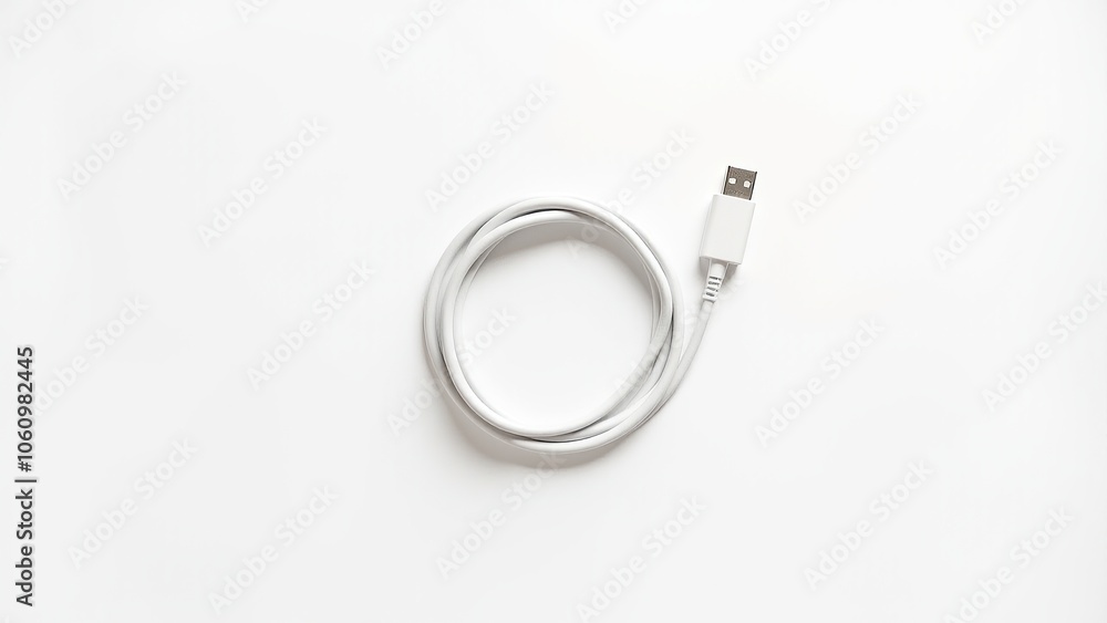White USB cable neatly coiled on a white background, representing simplicity and utility. Everyday things for connectivity. White USB cable neatly coiled on a white background, representing simplicity and utility. Everyday things for connectivity.