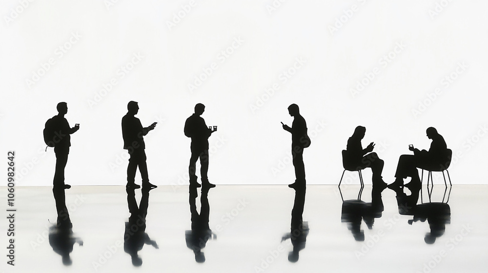 Silhouettes of People Using Smartphones and Laptops in a Modern Setting Silhouettes of People Using Smartphones and Laptops in a Modern Setting