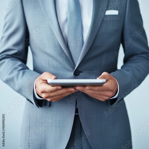 Close-up of businessman using tablet in suit.