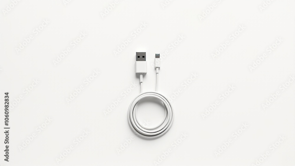 White USB cable neatly coiled on a white background, representing simplicity and utility. Everyday things for connectivity. White USB cable neatly coiled on a white background, representing simplicity and utility. Everyday things for connectivity.