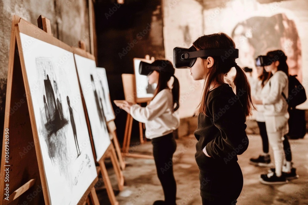 Obraz premium Children engaging with virtual reality art in modern interactive gallery experience