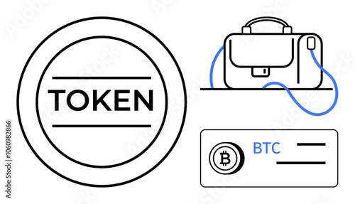 Circular token with TOKEN text, satchel-style wallet, and Bitcoin card labeled BTC. Ideal for cryptocurrency, digital wallets, blockchain finance, online security, fintech, investment, and digital
