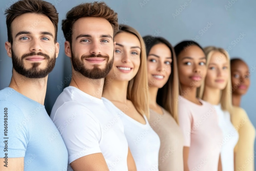 Diverse group of smiling professionals standing in a row displaying team unity Diverse group of smiling professionals standing in a row displaying team unity