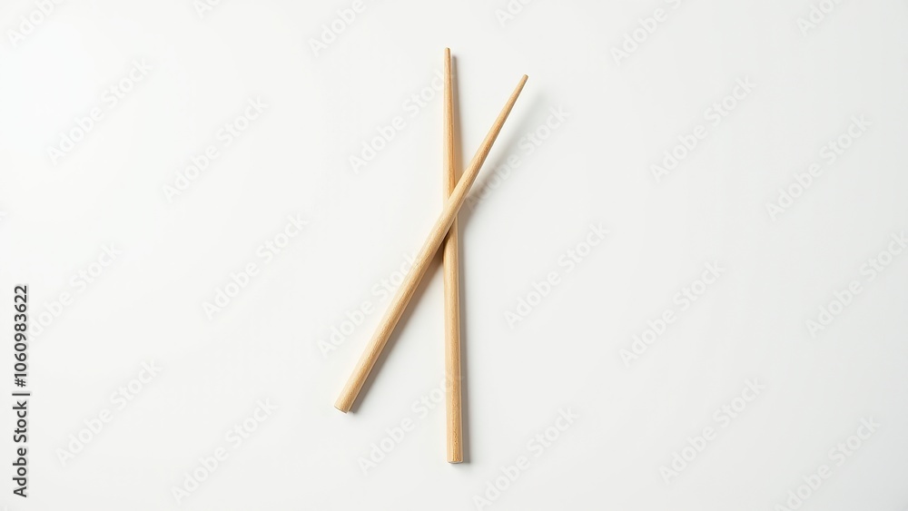 Pair of wooden chopsticks arranged on a white background, showcasing a minimalist style. Everyday things for dining. Pair of wooden chopsticks arranged on a white background, showcasing a minimalist style. Everyday things for dining.
