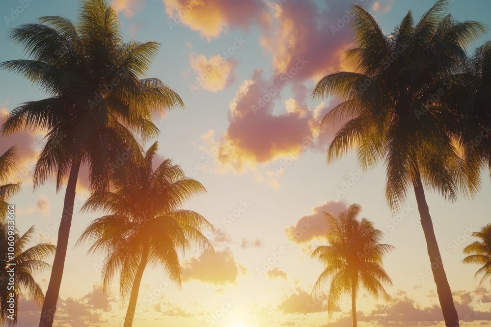 Obraz premium Vibrant Sunset Over Palm Trees with Colorful Clouds