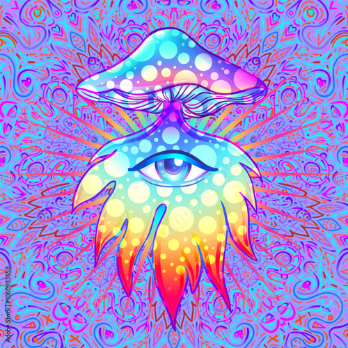 Magic mushrooms. Psychedelic hallucination. Vibrant vector illustration. 60s hippie colorful art in pink pastel goth colors over mandala round pattern . Sticker, patch, poster graphic design.