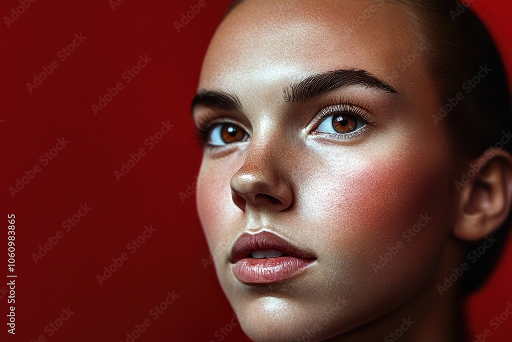 Close-up portrait of a young woman against a red background Close-up portrait of a young woman against a red background