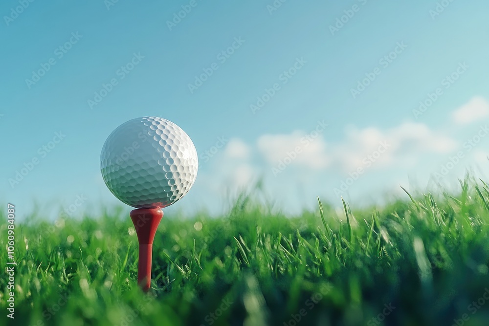 Golf Ball on Tee with Clear Blue Sky Background Golf Ball on Tee with Clear Blue Sky Background