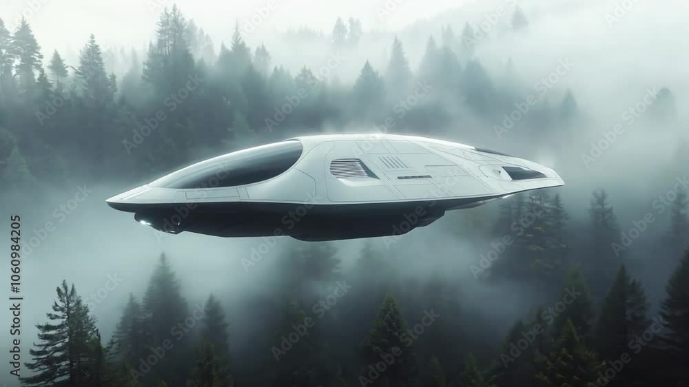 A sleek, futuristic craft silently glides over a misty forest as twilight casts an eerie light, enhancing the enigmatic ambiance A sleek, futuristic craft silently glides over a misty forest as twilight casts an eerie light, enhancing the enigmatic ambiance