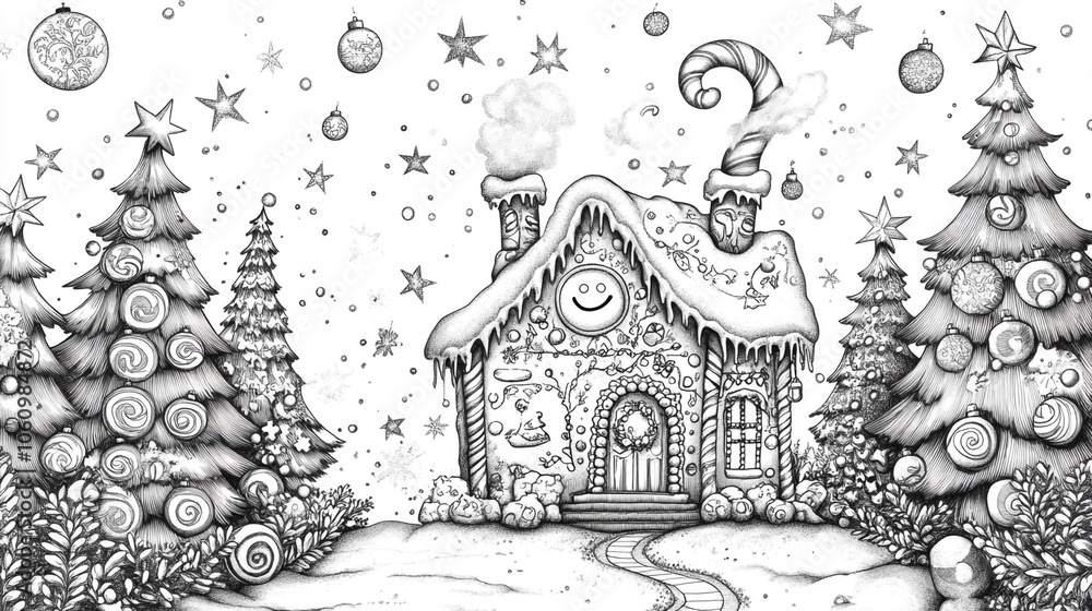 Naklejka premium Christmas Gingerbread House Cottage Black and White Illustration