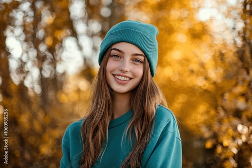 Woman in a teal sweatshirt and hat, a mockup template for an autumn․