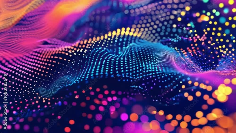 Vibrant digital waves with fluorescent dots flow seamlessly, showcasing a mix of colors in a rhythmic pattern that evokes a sense of movement Vibrant digital waves with fluorescent dots flow seamlessly, showcasing a mix of colors in a rhythmic pattern that evokes a sense of movement