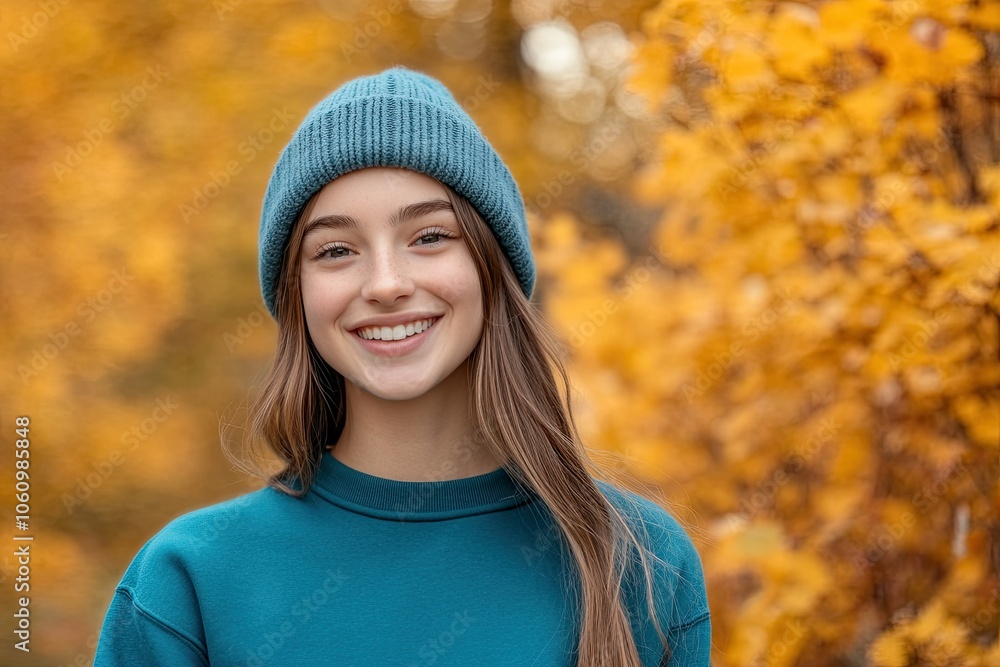 Woman in a teal sweatshirt and hat, a mockup template for an autumn․ Woman in a teal sweatshirt and hat, a mockup template for an autumn․