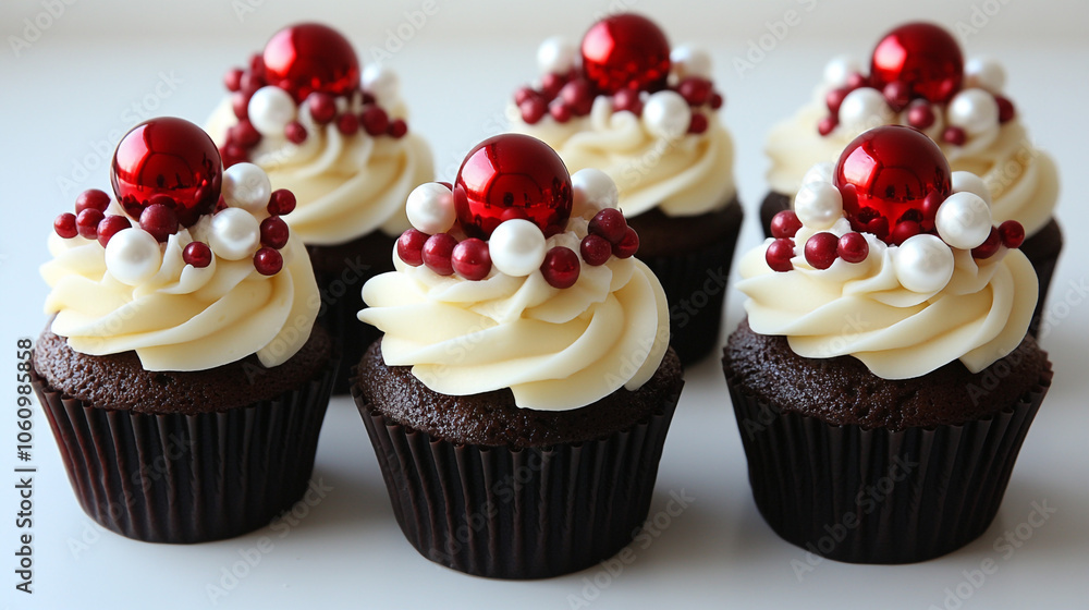 Festive Red and White Christmas Cupcakes with Pearl and Ornament Decoration Festive Red and White Christmas Cupcakes with Pearl and Ornament Decoration
