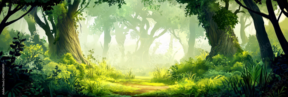 Obraz premium Enchanting forest pathway celebrating International Forest Day with lush greenery and sunlight. Horizontal banner. Copy space. Flat illustration