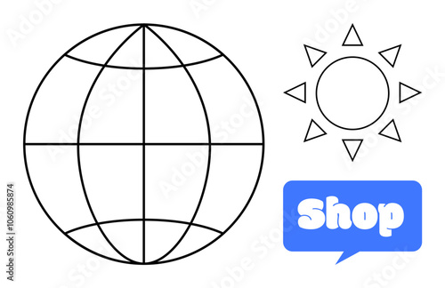 Black and white globe with lines next to a sun drawn with simple triangles, accompanied by a blue speech bubble containing the word shop in white. Ideal for international commerce, e-commerce, global