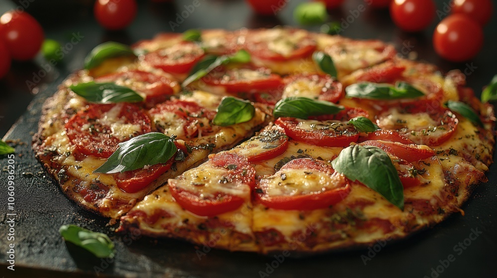 Tomato basil pizza on rustic black background Tomato basil pizza on rustic black background