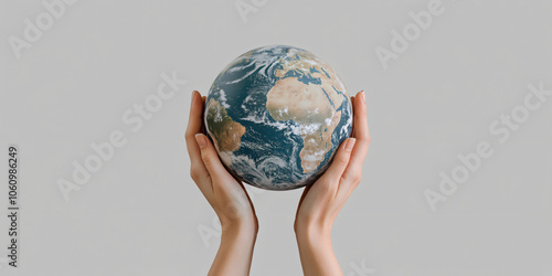 Closeup of hands holding the planet earth globe sphere isolated on transparent background. Nature environment and ecology protection concept, energy conservation and sustainability, global warming