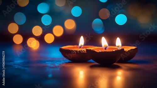 Three Burning Diya Lamps with Bokeh Lights in Background