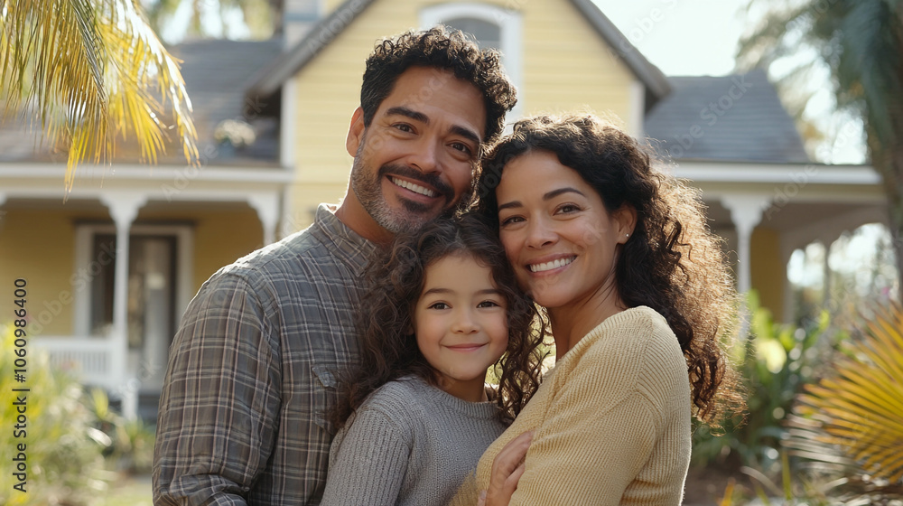 Happy Family Portrait in Front of House with Palm Trees Happy Family Portrait in Front of House with Palm Trees