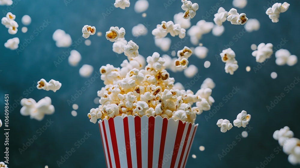 A popcorn bucket with kernels flying in every direction, suspended in the air, creating a sense of excitement and fun A popcorn bucket with kernels flying in every direction, suspended in the air, creating a sense of excitement and fun