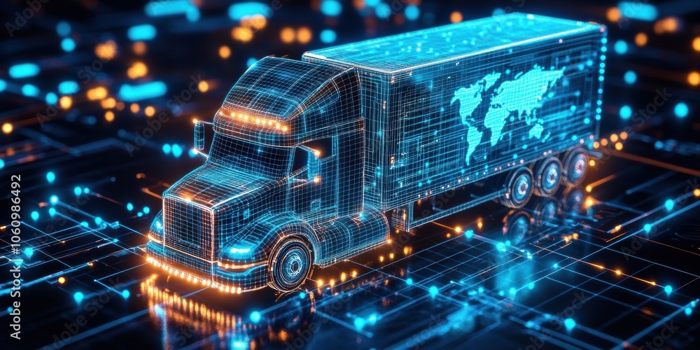 Electric truck with digital world map on grid Electric truck with digital world map on grid