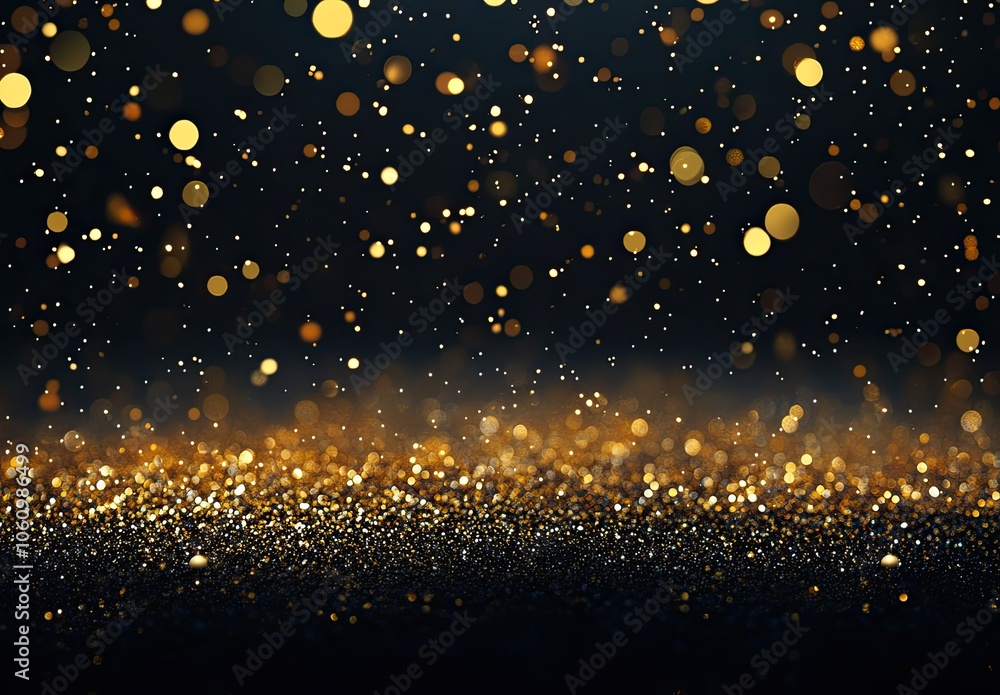 Obraz premium Dark background, a rain of golden particles on the ground, dark blue and gold tones