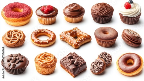 A row of assorted pastries including donuts, cupcakes, and brownies. Concept of indulgence and variety, with each pastry offering a unique flavor and texture