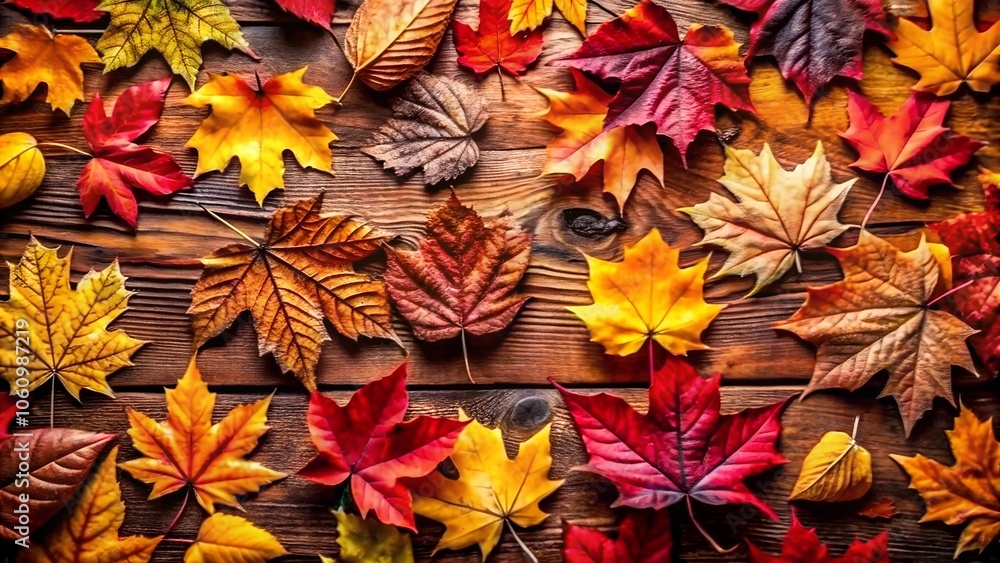 Colorful autumn leaves on rustic wooden background Colorful autumn leaves on rustic wooden background