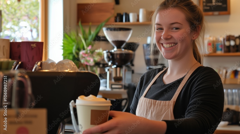 A woman is happily smiling while she gently holds a warm cup of coffee A woman is happily smiling while she gently holds a warm cup of coffee
