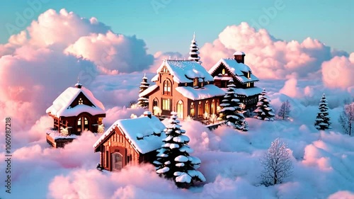 Magical miniature Christmas village floating above pastel clouds
