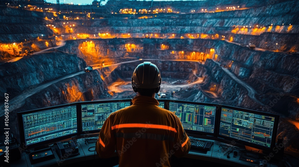 Miner operating machinery from control room. A mining operator in a control room monitors heavy machinery in a quarry through multiple screens, wearing headphones and safety gear. Miner operating machinery from control room. A mining operator in a control room monitors heavy machinery in a quarry through multiple screens, wearing headphones and safety gear.