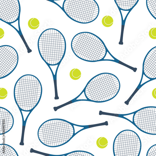 Seamless patter with tennis rackets and balls on white background